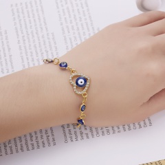 Palm Blue Eye Double Chain Rhinestone Alloy Adjustable Bracelet (Pendant: 1.7cm, Circumference: 16+6cm/Material: Alloy + Rhinestone + Resin) Hollow love
