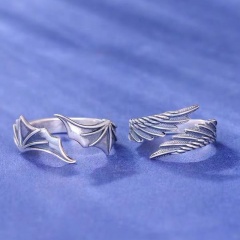 Angel and Devil Wings Diamond Opening Couple Ring (Material: Alloy/Size: Opening Adjustable) Silver