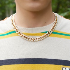 Hip-hop Cuban chain full of diamonds thick necklace (chain length: 53cm (20inch), chain width: 1.3cm/material: alloy) Golden