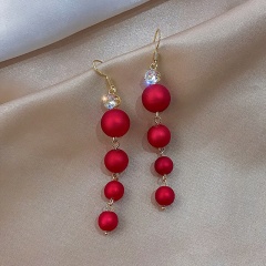 Inlain Rhinestone Dangling Gold Earring Red Pearl