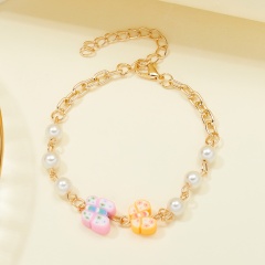 Yellow 2 butterfly imitation pearl soft pottery bracelet (circumference: 17+5cm/material: alloy + imitation pearl + soft pottery piece) 2 Butterflies A