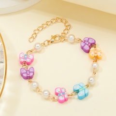 Yellow 2 butterfly imitation pearl soft pottery bracelet (circumference: 17+5cm/material: alloy + imitation pearl + soft pottery piece) 6 Butterflies