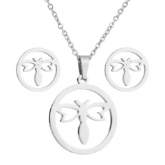 Stainless Steel Necklace Set Dragonfly Silver