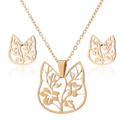 Cat Stainless Steel Necklace Earring Set Gold