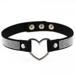 Punk PU Leather Gothic Rhinestone Heart-shaped Neckband Clavicle Chain Necklace (Material: Rhinestone + Leather/Chain Width: 1.7cm, Chain Length: 37cm) Black