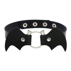 Punk PU Leather Gothic Necklace Bat Vampire Halloween Christmas Neck Collar Clavicle Chain (Material: Alloy + Leather / Size: 44cm (Adjustable) Black
