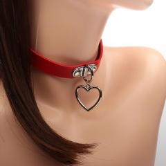 Punk PU Love Heart Pendant Collar Clavicle Card Neck Chain Necklace (Material: Alloy+Leather/Size: 44cm) Red