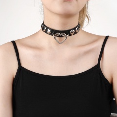Punk Gothic Love Heart-shaped Studded Leather Necklace (Material: Alloy+Leather/Chain Width: 2cm, Chain Length: 43cm) Black
