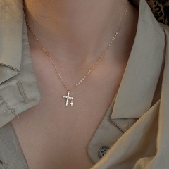 Cross Double Pendant Zircon Clavicle Chain Necklace (Circumference: 38+5cm/Material: Copper + Zircon) Cross