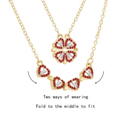 Red Diamond KC Gold Four Love Heart Magnetic Double Wear Necklace (Pendant Size: 1.5cm, Chain Length: 44+5cm/Material: Alloy + Rhinestone) Red Diamond