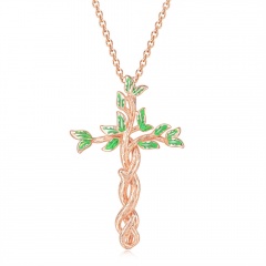 Vintage style leaf rose cross pendant necklace (material: copper / pendant size: 3*2cm, chain length: 40+5cm) Rose Gold