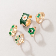 5 PCS Of Green Oil Daisy Butterfly Love Mushroom Flower Combination Ring Set (Material: Alloy) Green Mushroom