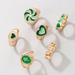 5 PCS Of Green Oil Daisy Butterfly Love Mushroom Flower Combination Ring Set (Material: Alloy) Green Mushroom