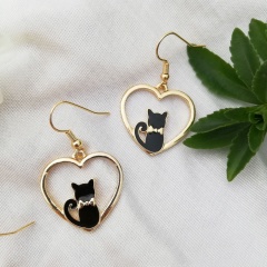 Love Hollow Cat Oil Drop Ear Hook Earrings (Material: Alloy/Size: Approximately 2.5cm) Black ear hook