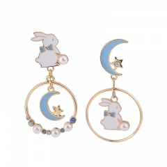 S925 Needle MoonRabbit With Pearl Gold Earrings Blue
