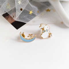 Rabbit Moon Star Pearl and Diamond Asymmetrical Stud Earrings (Material: Alloy/Size: Approximately 1.2*1.8cm) Blue