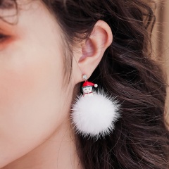 Christmas Tree Snowman Hair Ball Asymmetrical Stud Earrings with Diamonds (Material: Alloy/Size: 5.5*4cm) White
