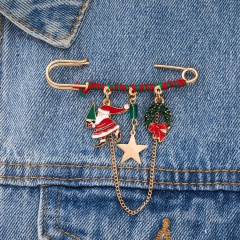 Santa Claus Tassel Five-Pointed Star Red And Green Winding Christmas Big Pin Brooch (Size: 7.4*7cm/Material: Alloy + Painting Oil + String) Santa Claus