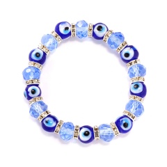 10mm Blue Evil Eyes Beads With Crystal Beads Elastic Bracelet Adjustable Light Blue
