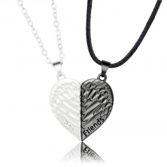 Black and White Angel Wings Love Heart Magnetic Love Couple Splicing Necklace 2-Piece Set (Chain Length: 60+5/55+5cm/Material: Alloy + Copper Chain + Black Wax Rope) Black White