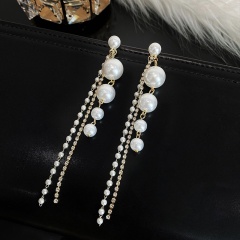 S925 Needle White Pearl Dangling Earring 11.7*1.2cm Gold