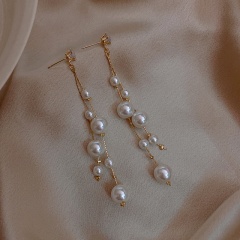 S925 Needle White Pearl Dangling Earring 9.1*1cm Gold