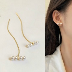 S925 Needle White Pearl Dangling Earring 7*1.6cm Gold