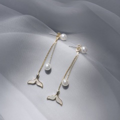 S925 Needle White Pearl Dangling Earring 5*1.3cm Gold