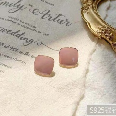 White Square Geometric Painting Oil Stud Earrings (Size: 1.7cm/Material: Alloy + Painting Oil) Pink