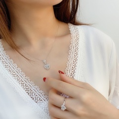 Love Heart Shaped Hollow Zircon Pendant Necklace (Pendant: 2.1cm, Chain Length: 40+5cm/Material: Copper + Zircon) Love  3