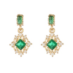 Emerald Geometric Square Face Crystal Earrings (Material: Copper / Size: 2.6*0.9cm) Geometric Square 1