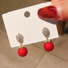 Inlaid Rhinestone With Red Pearl Dangling Earring Gold