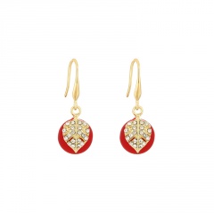 Inlaid Rhinestone With Red Pearl Dangling Earring Gold