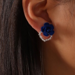 Christmas Stud Earrings with Diamond Love Flowers (Size: 1.7*2cm/Material: Alloy + Flocking) Royal Blue