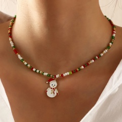 Handmade Rice Beads Snowman Christmas Necklace (Pendant Size: 2.6*1.7cm, Chain Length: 40+5cm/Material: Alloy + Rice Beads) Snowman