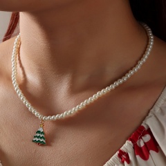 Pearl Christmas Tree Necklace (Pendant Size: 2.5*1.7cm, Chain Length: 40+5cm/Material: Alloy + Imitation Pearl) Christmas Tree