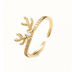 Christmas Elk Antlers Micro-Inlaid Zircon Open Ring (Material: Copper + Zircon / Size: Open Adjustable) Elk