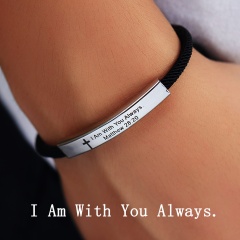 I Am With You Always Cross Bible Laser Engraving Black Rope Drawable Adjustable Stainless Steel Bracelet (Circumference: 16-24cm Drawable Adjustable / Material: Stainless Steel + Black Rope) I Am With You Always