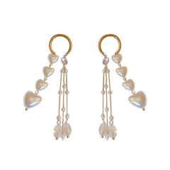 925 Silver Needle Shaped Crystal Love Pearl Long Tassel Stud Earrings 2.5*11.7cm