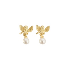 Vintage French Cupid Angel Pearl Stud Earrings Gold