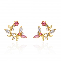Inlaid CZ Willow Leaf Gold Stud Earrings Red