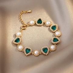 Inlaid White Pearl And Gemstone Gold Bracelet Clasp 18cm Green