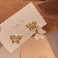 Copper Inlaid CZ Butterfly Asymmetric Earrings Gold