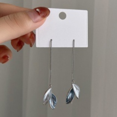 S925 Needle Leaf Dangling Silver Earring 10.4-1.3cm Blue
