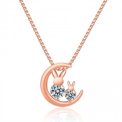Fashion Moon Aan Rabbit Copper Inlay CZ Necklace 40+5 CM Gold