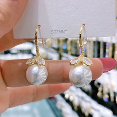 Copper Inlay CZ With Imitation Pearl Gold Earrings White