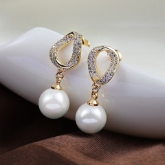 Copper Inlay CZ With Imitation Pearl Gold Earrings White