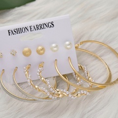 6 Pairs Gold Earrings Set Inlay Imitation Pearl White