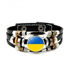 Ukrainian Flag Color Gemstone Leather Knit Adjustable Bracelet Silver