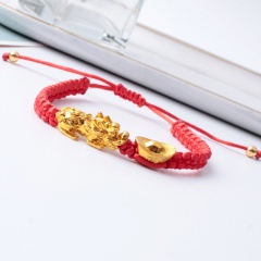 Handmake Knit Gold Pixiu Bead Adjustable Bracelet Red